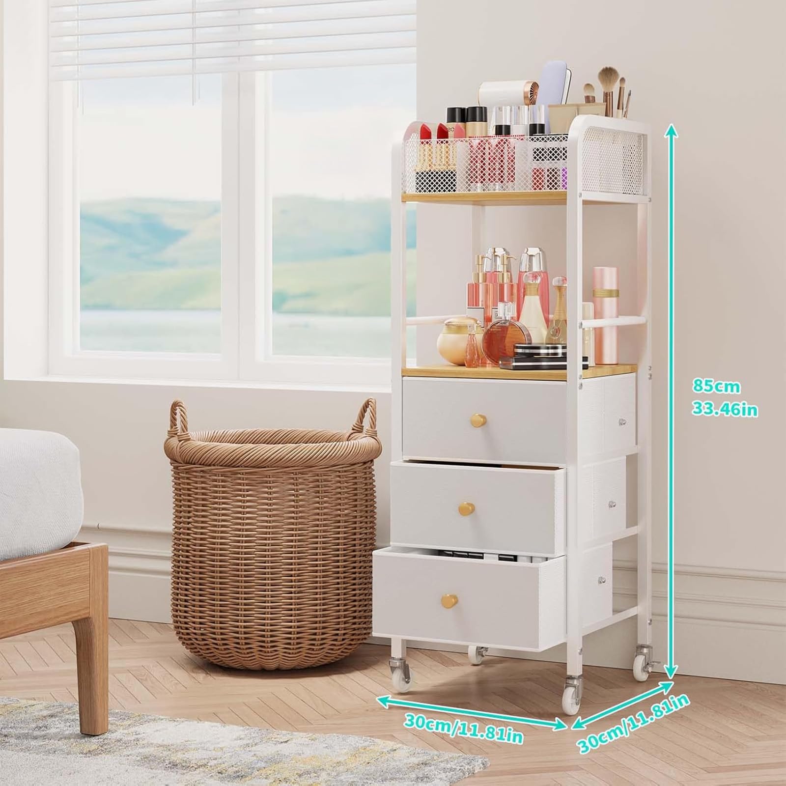 HapiRm rolling makeup cart three drawers store creams and accessories neatly.