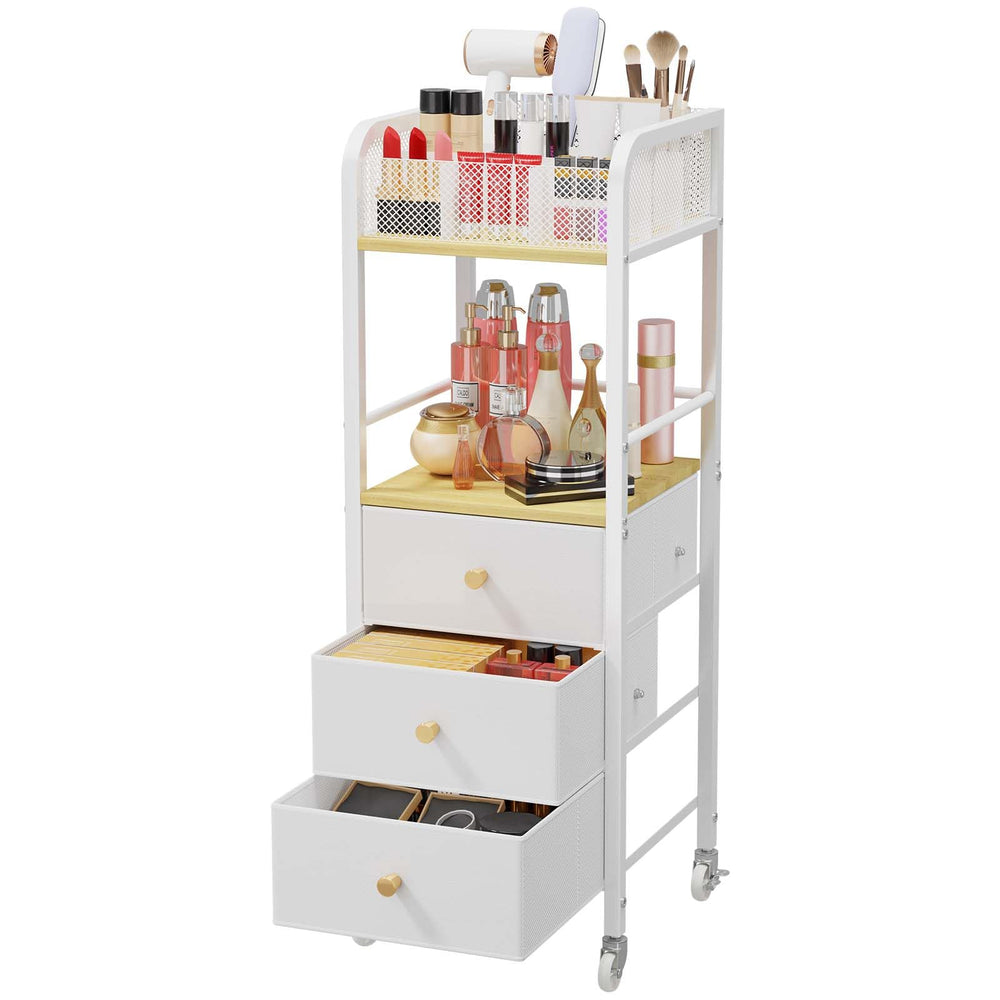 HapiRm rolling makeup cart top compartments organize brushes and perfumes for easy access.