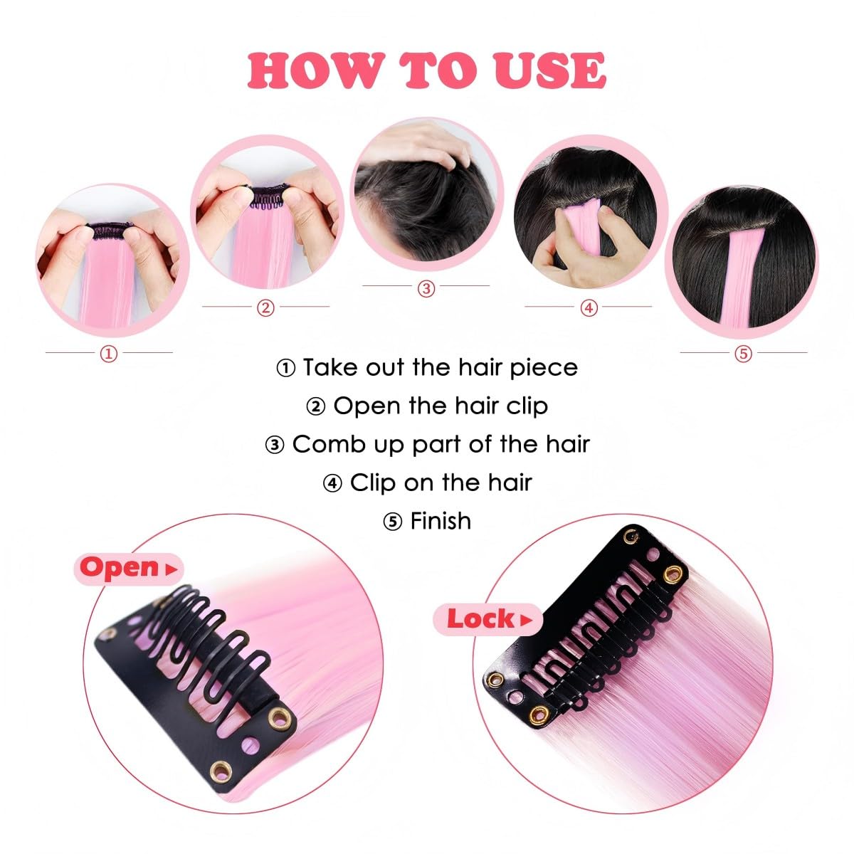 Extensiones HappClan para peinados en rosa, fáciles de colocar.