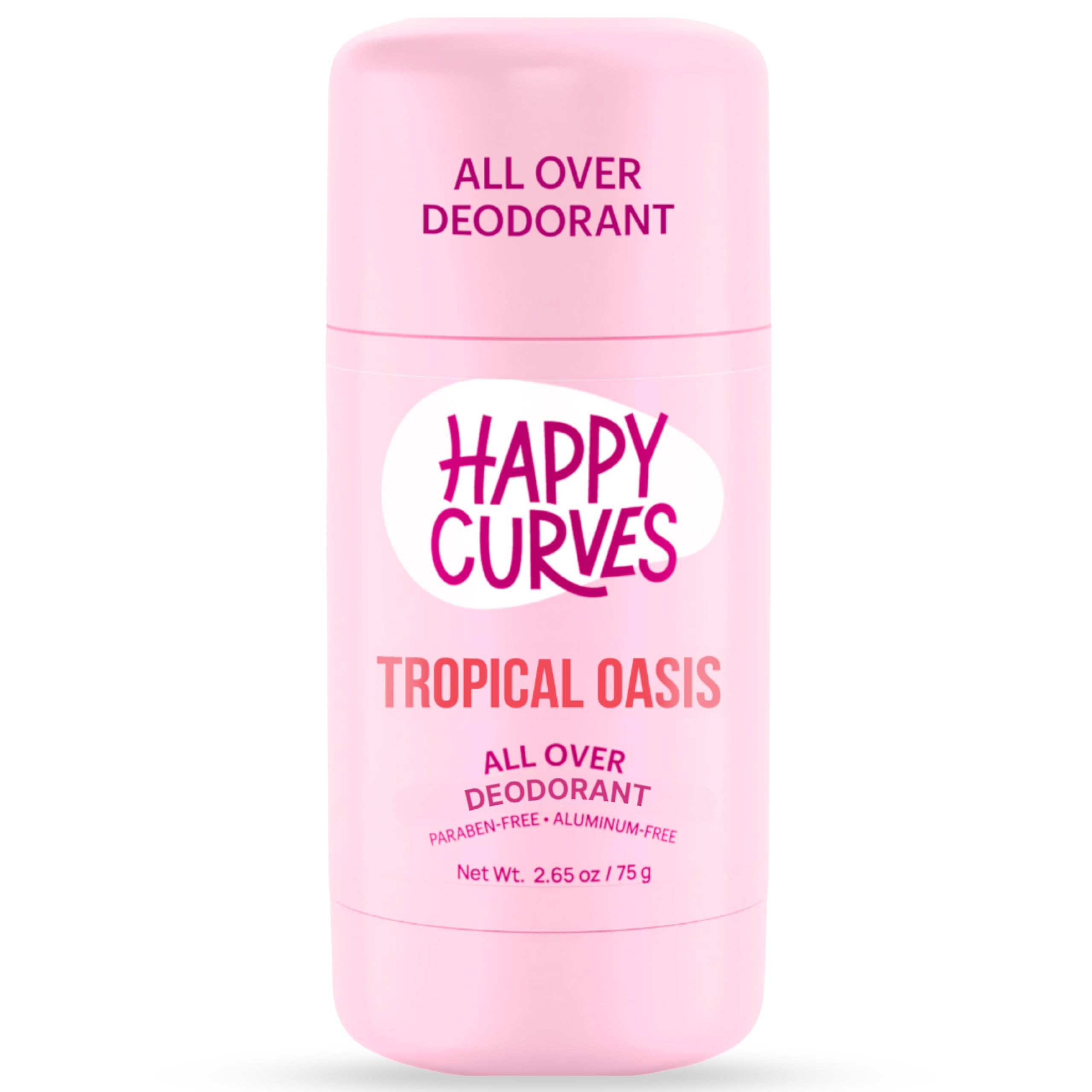 HAPPY CURVES all-over deodorant bottle Tropical Oasis shows long-lasting protection.