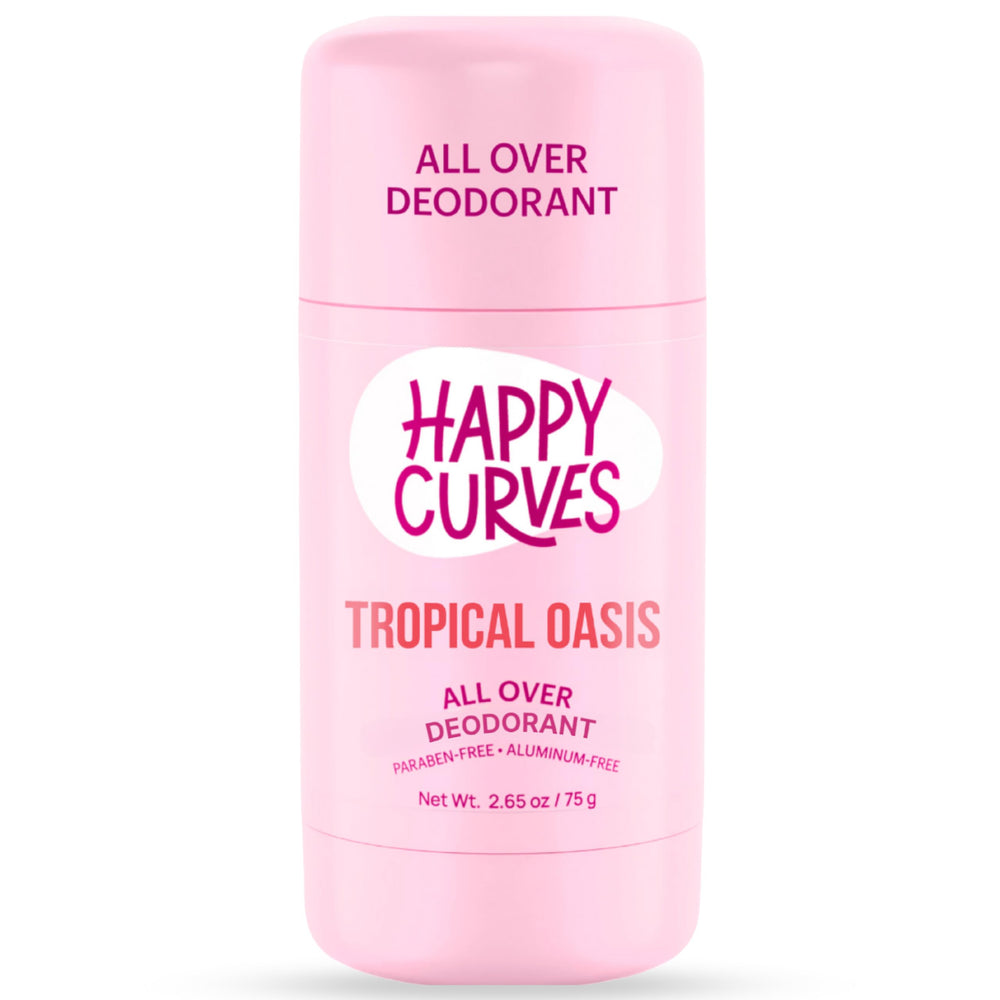 HAPPY CURVES all-over deodorant bottle Tropical Oasis shows long-lasting protection.