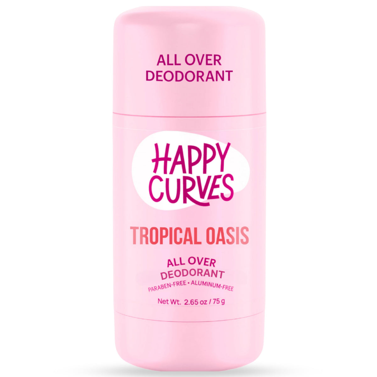 HAPPY CURVES all-over deodorant bottle Tropical Oasis shows long-lasting protection.