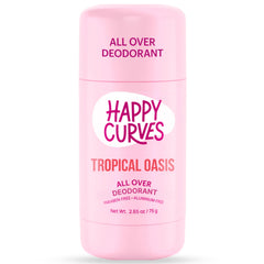 HAPPY CURVES all-over deodorant bottle Tropical Oasis shows long-lasting protection.