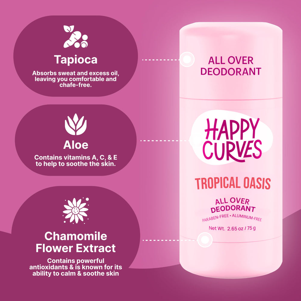 HAPPY CURVES deodorant bottle close-up highlights Tropical Oasis fragrance and clean ingredients.