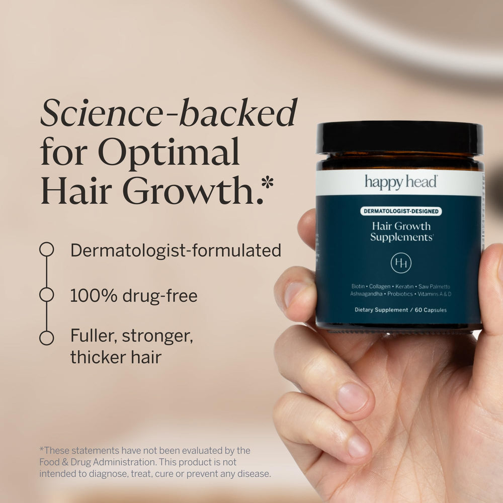 Happy Head capsules closeup showing hair-support vitamin blend