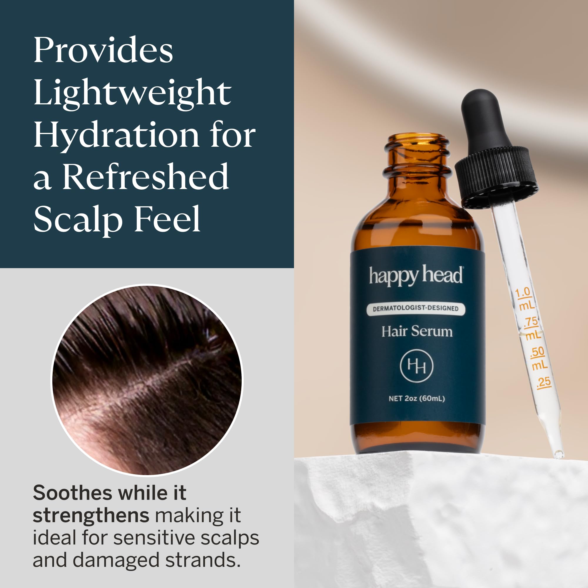 Happy Head rosemary oil and botanicals illustrate scalp nourishment.