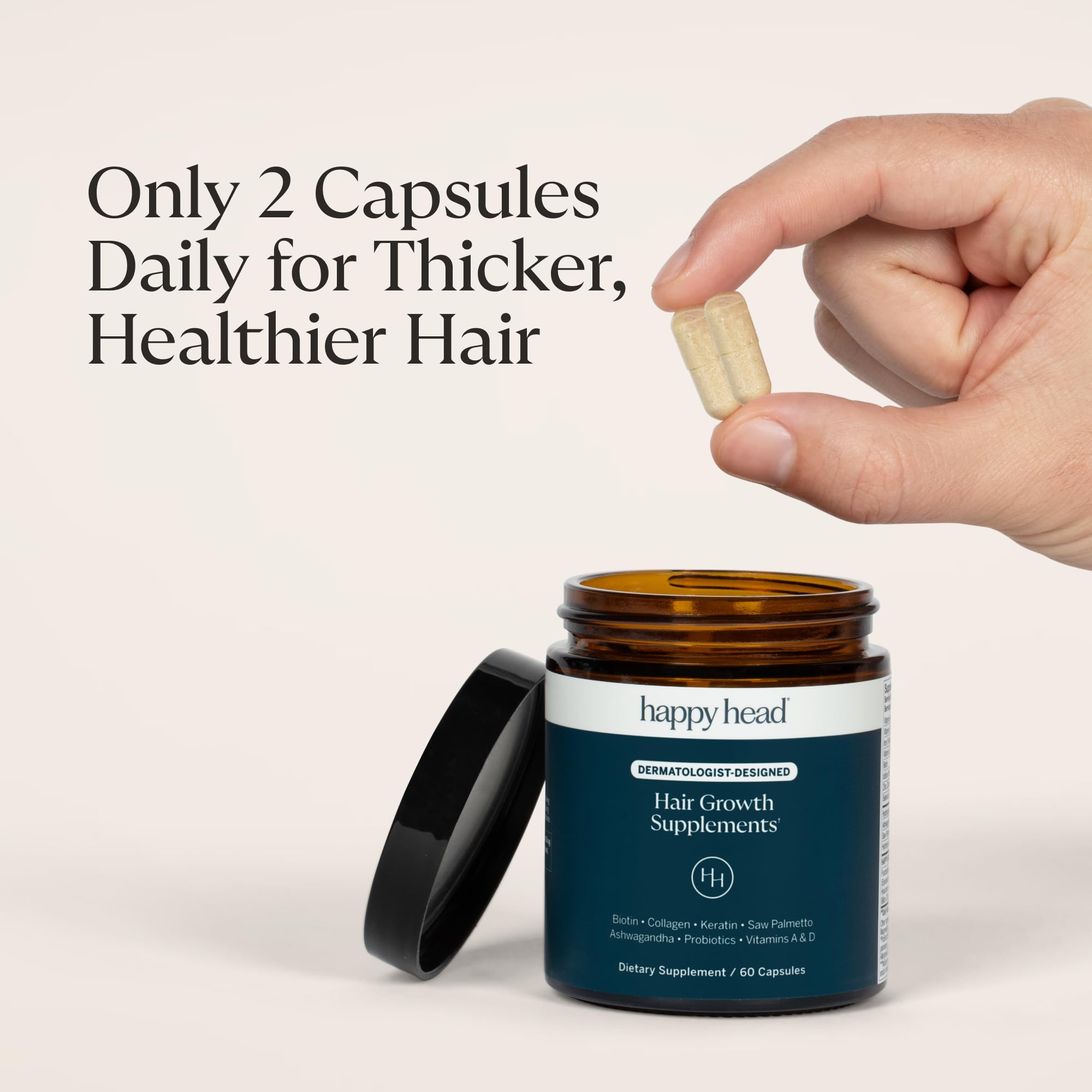 Happy Head saw palmetto capsules closeup with botanical hair support