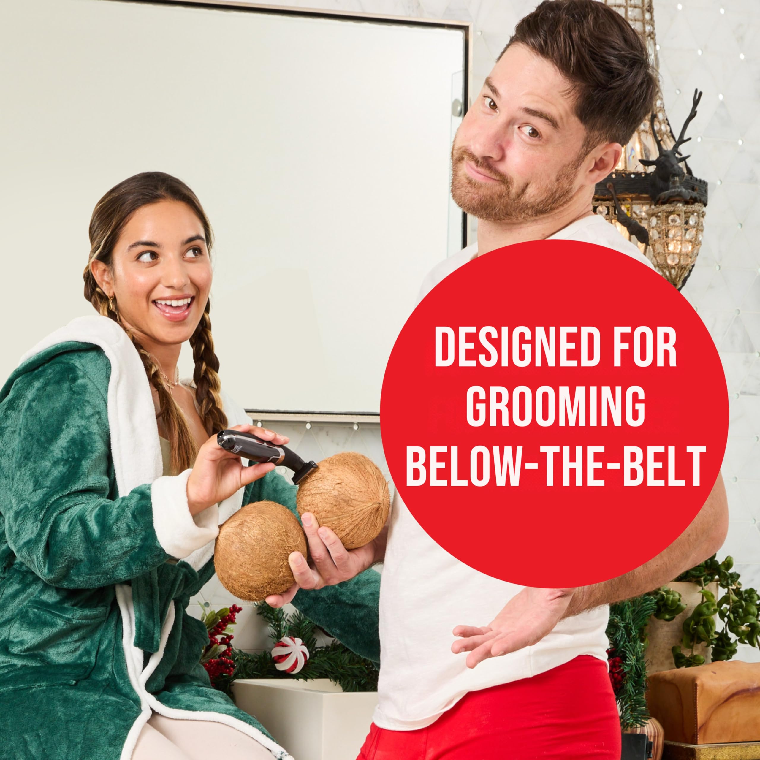 Happy Nuts Ballber nut-safe blade at 30-degree pivot reduces pulling during manscaping.
