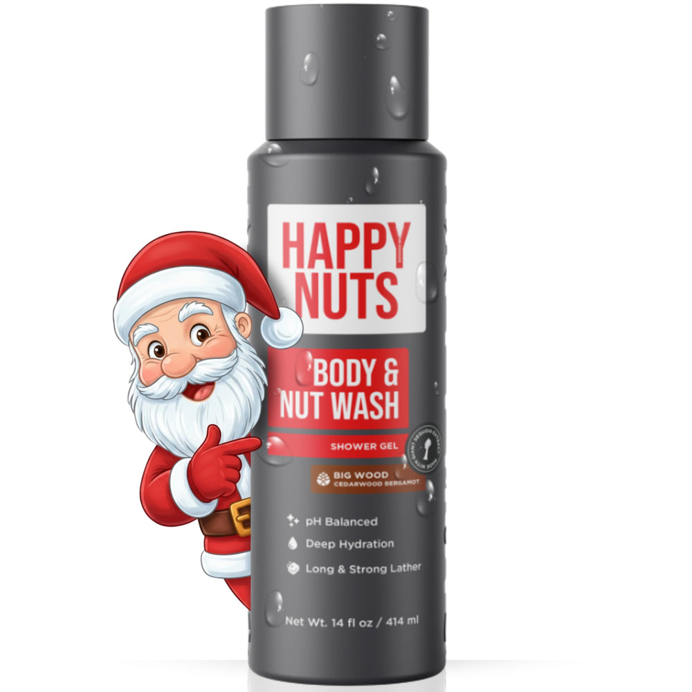 HAPPY NUTS Big Wood Body Wash bottle for refreshing cleanse all day