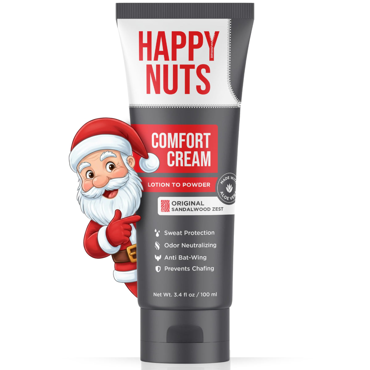 happy nuts comfort cream deodorant application close-up shows lotion-to-powder texture for anti-friction use
