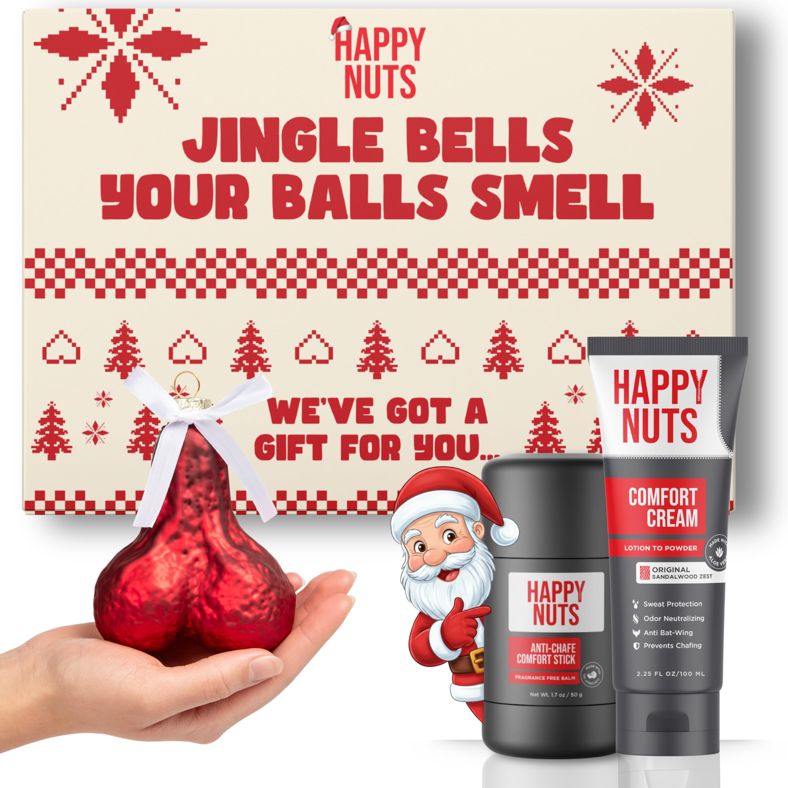 Happy Nuts Comfort Cream deodorant application showing smooth lotion-to-powder feel for dry, chafe-free skin.