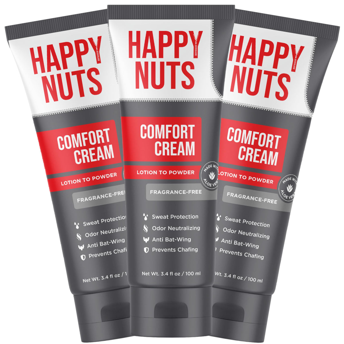 Happy Nuts Comfort Cream jar closeup showing soothing, aluminum-free protection against chafing.