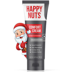 HAPPY NUTS Comfort Cream Deodorant packaging shows aluminum-free formula for all-day freshness.