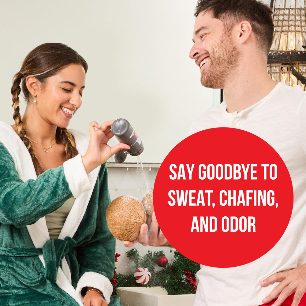 Happy Nuts Comfort Powder applied to feet highlighting odor control and refreshed feeling.