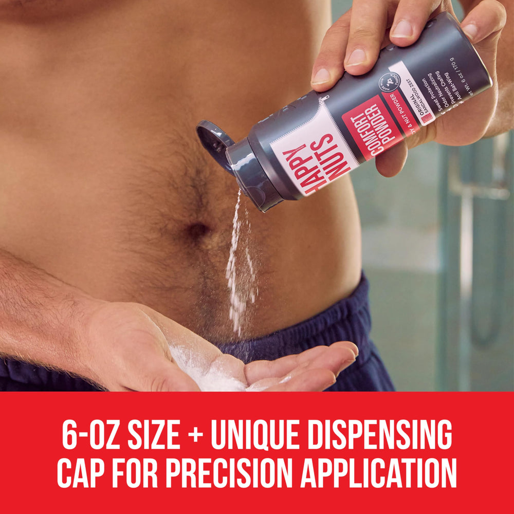 HAPPY NUTS Comfort Powder application on hand for quick, mess-free refresh.