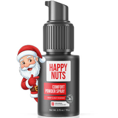 HAPPY NUTS Comfort Powder Spray bottle shows talc-free anti-chafing protection.