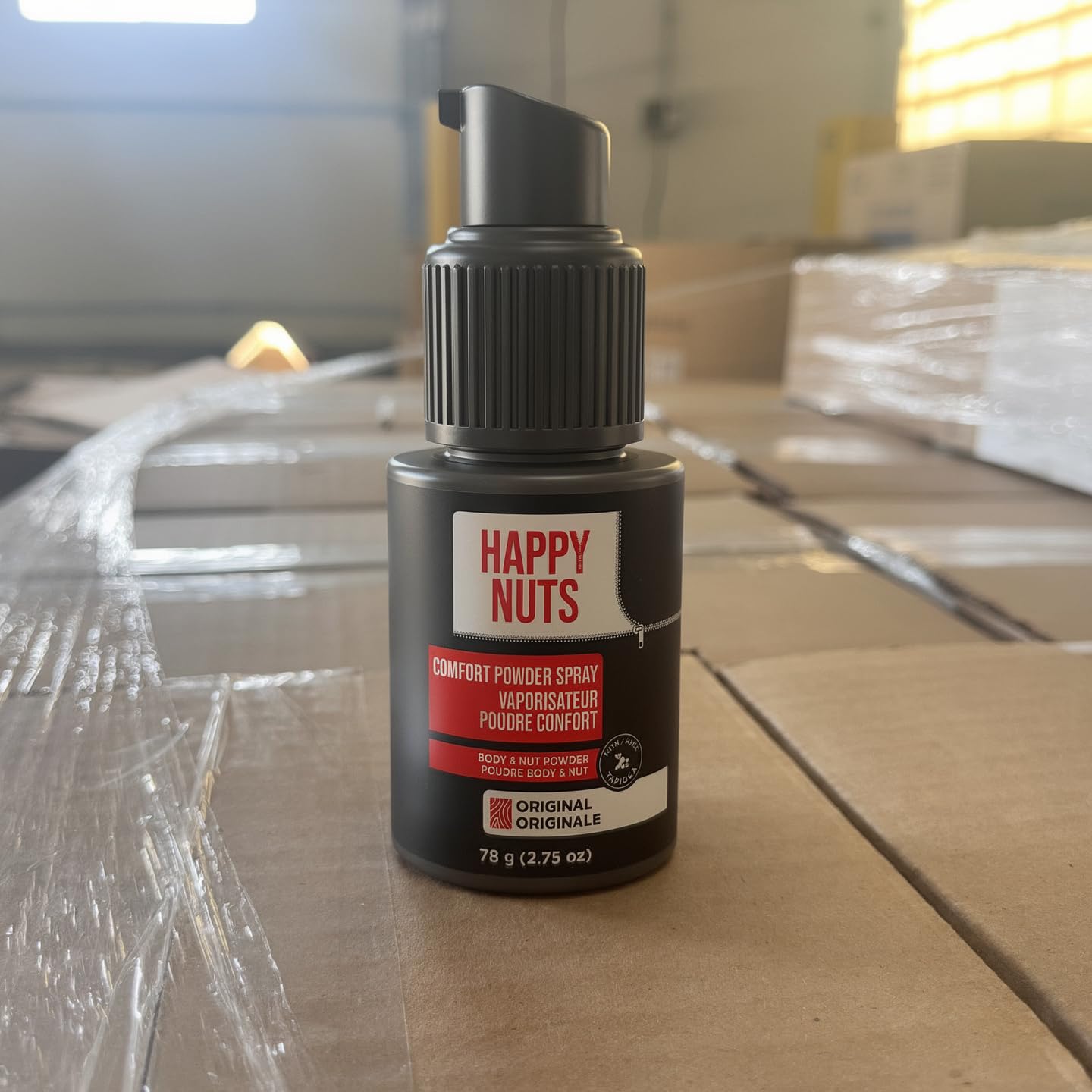 HAPPY NUTS Comfort Powder Spray emphasizes no parabens, phthalates, talc, or aluminum.