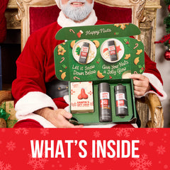 Happy Nuts Gift Basket open reveals a grooming kit with humor.