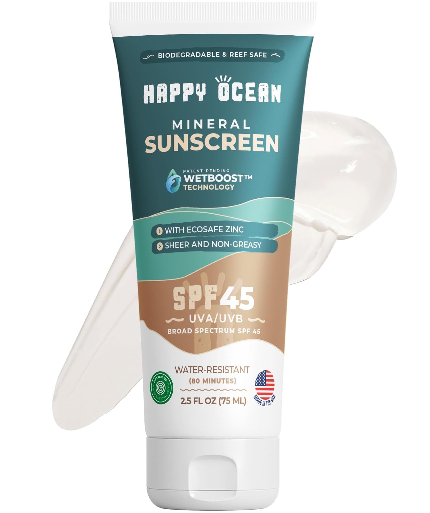Happy Ocean SPF45 bottle-application demonstrates portable mineral sunscreen for on-the-go protection
