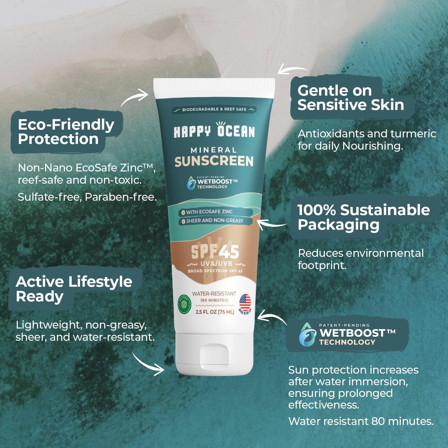 Happy Ocean SPF45 face-sunscreen close-up highlights non-greasy everyday skin defense