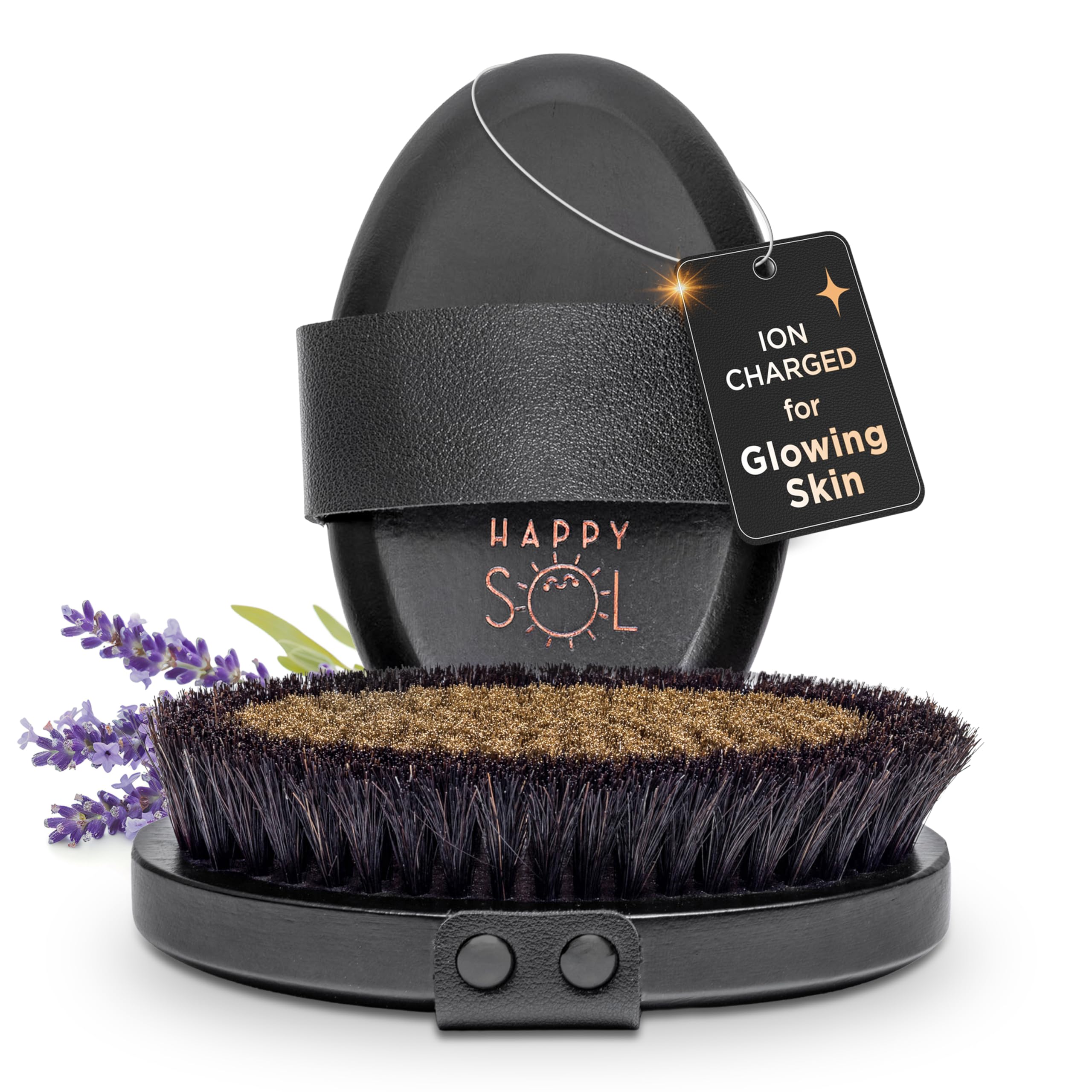Happy Sol copper bristles closeup for smoother skin and circulation support.