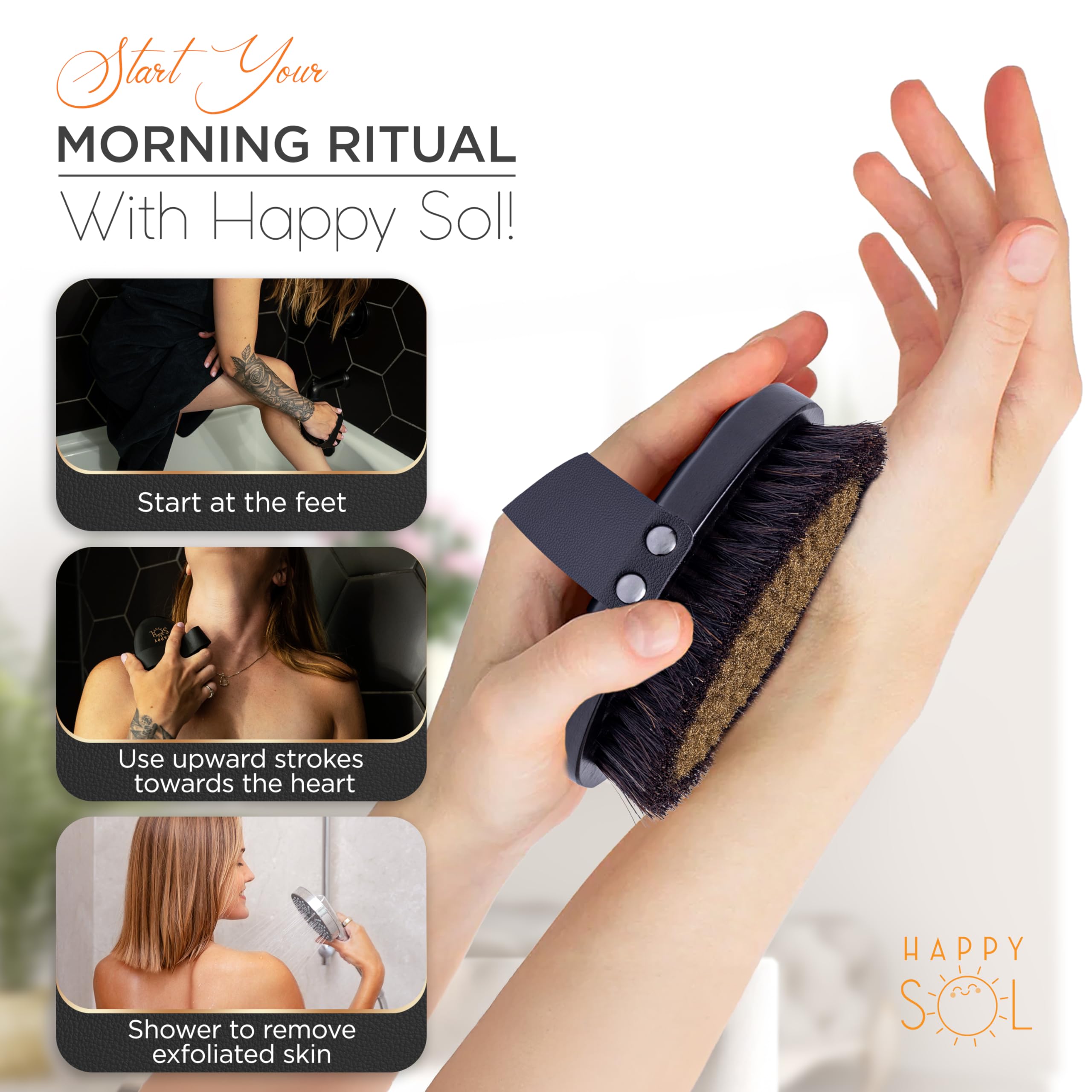 Happy Sol horsehair bristles detail gentle exfoliation for smoother skin texture.