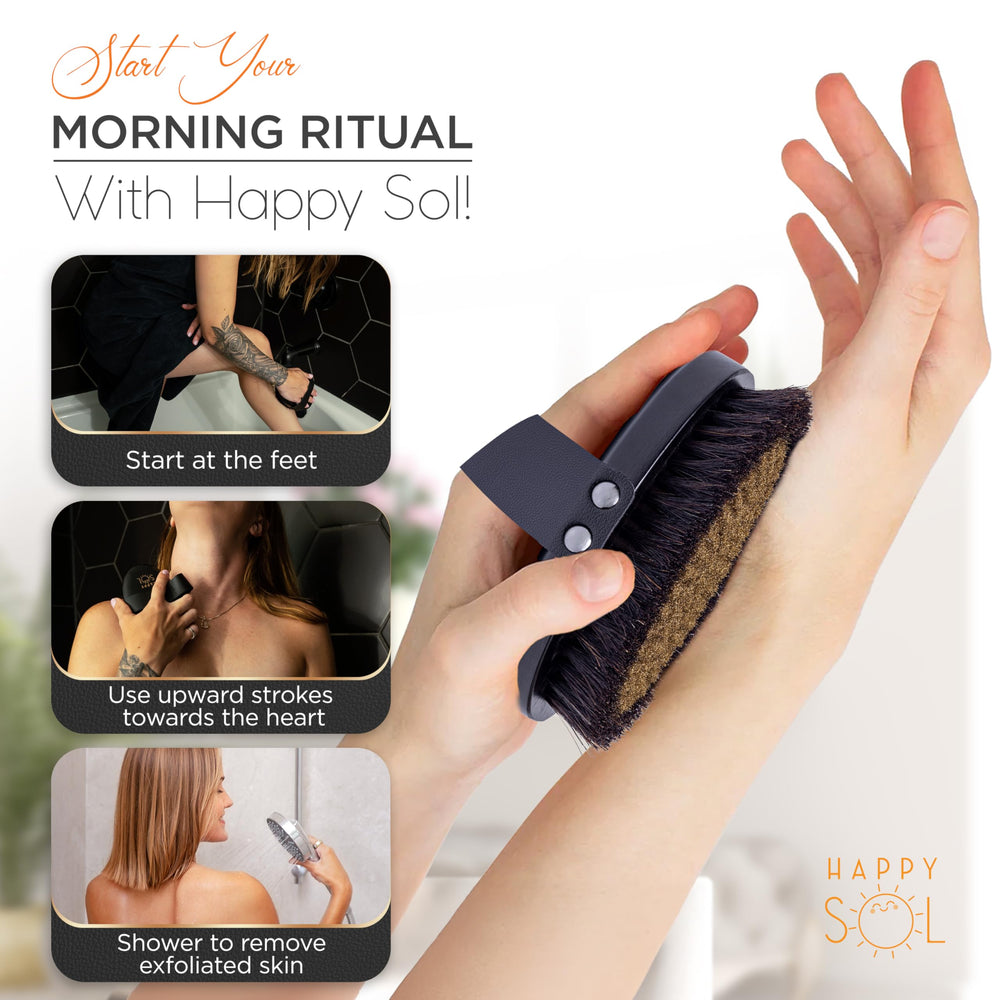 Happy Sol horsehair bristles detail gentle exfoliation for smoother skin texture.