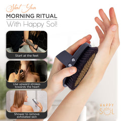 Happy Sol horsehair bristles detail gentle exfoliation for smoother skin texture.