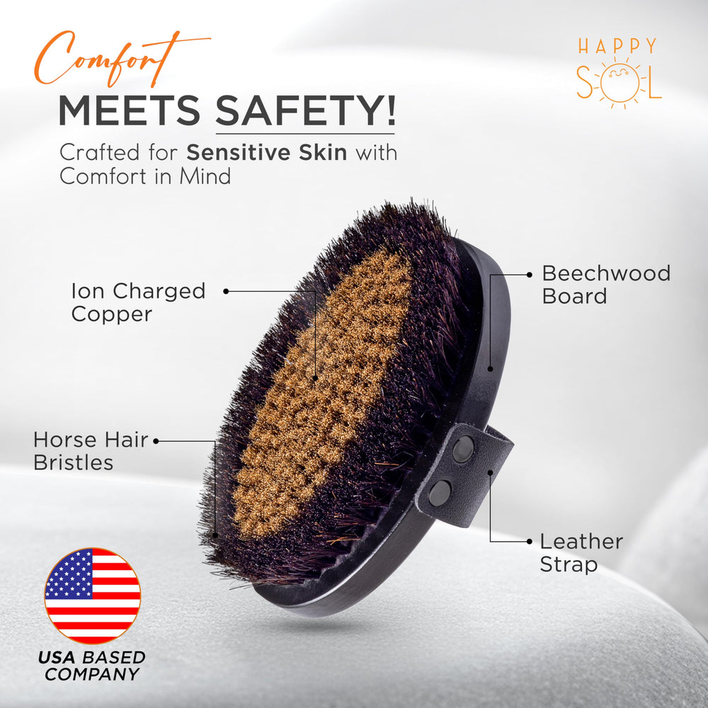 Happy Sol ion-charged copper bristles highlight detox potential and negative-ion benefits.