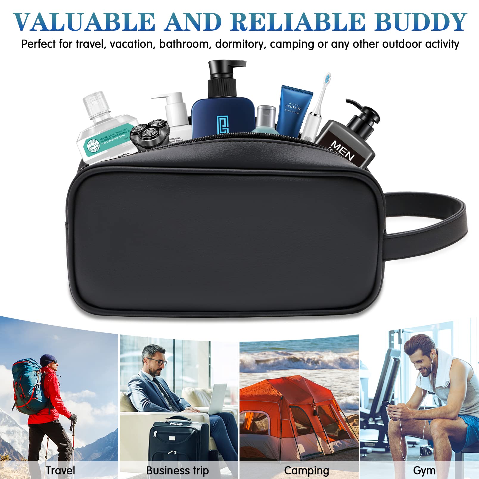 HappyDavid toiletry bag hanging on a door handle for easy access.