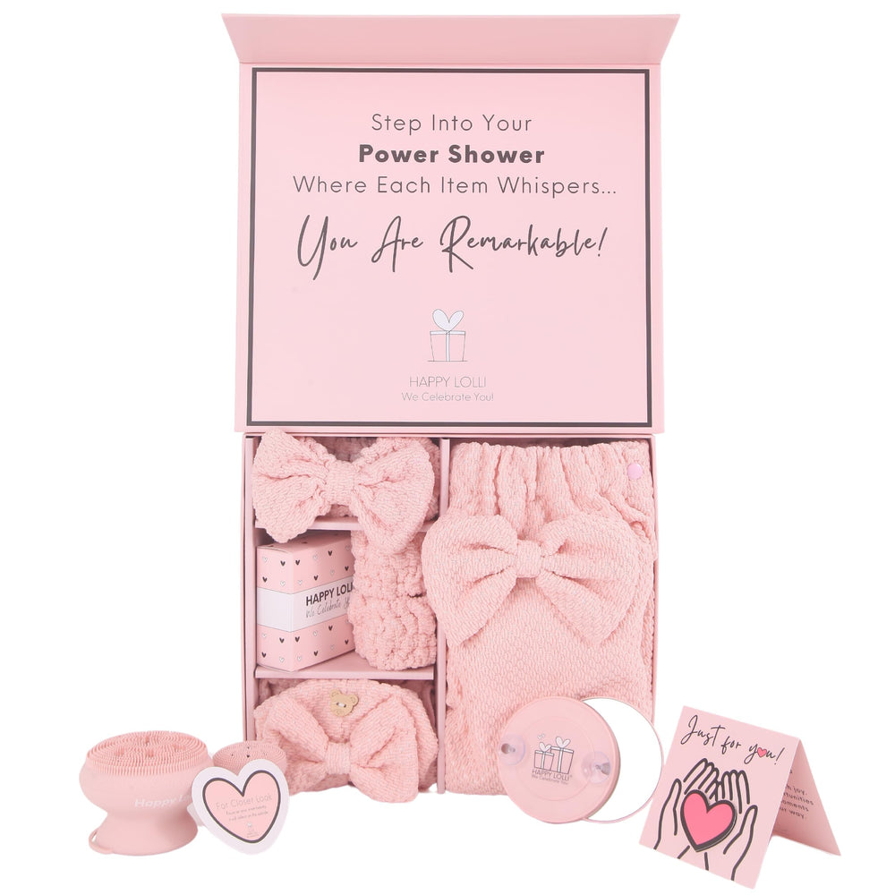 Happy Lolli Power Shower Set body towel pink gift box for quick refresh and pampering.