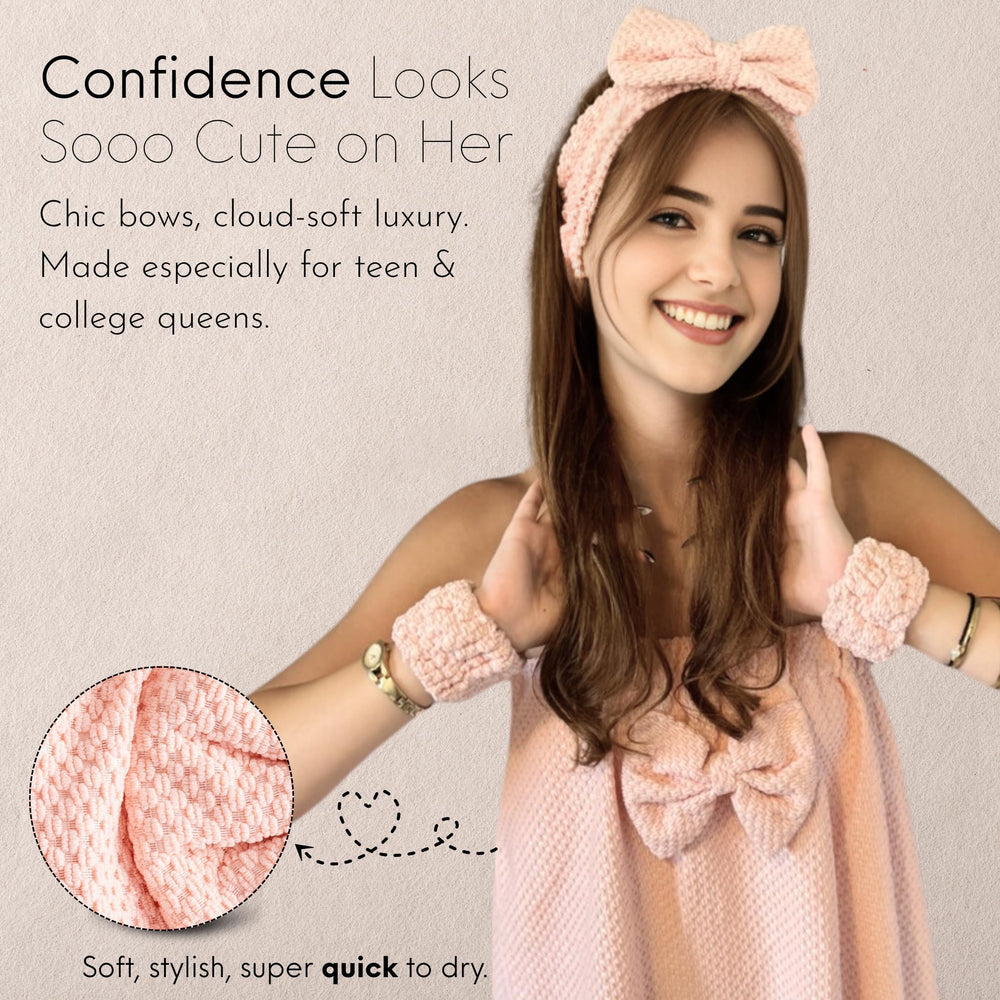 Happy Lolli Power Shower Set towel headband used to keep hair back during skincare.