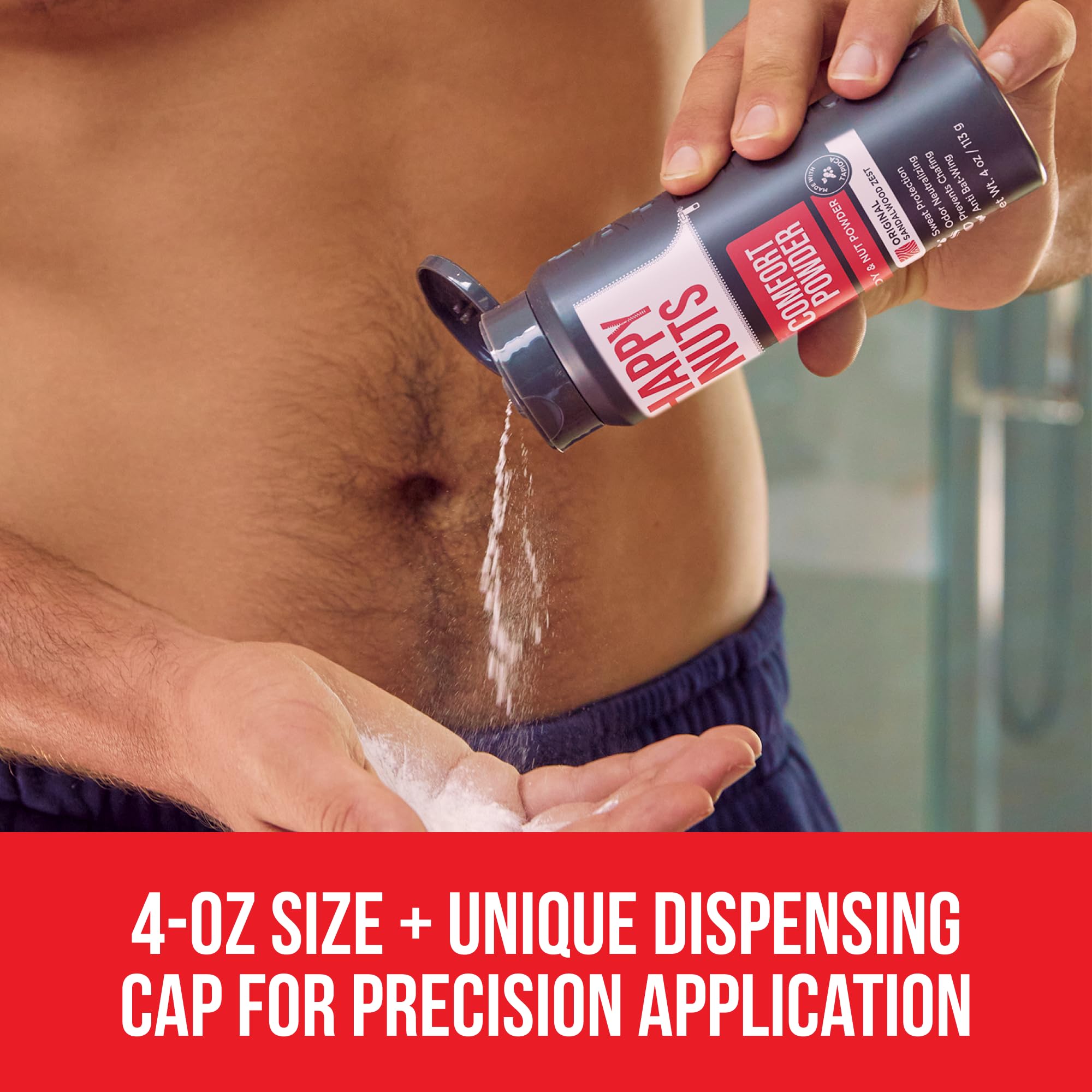 HAPPY NUTS Comfort Powder applying scene shows easy, mess-free use.