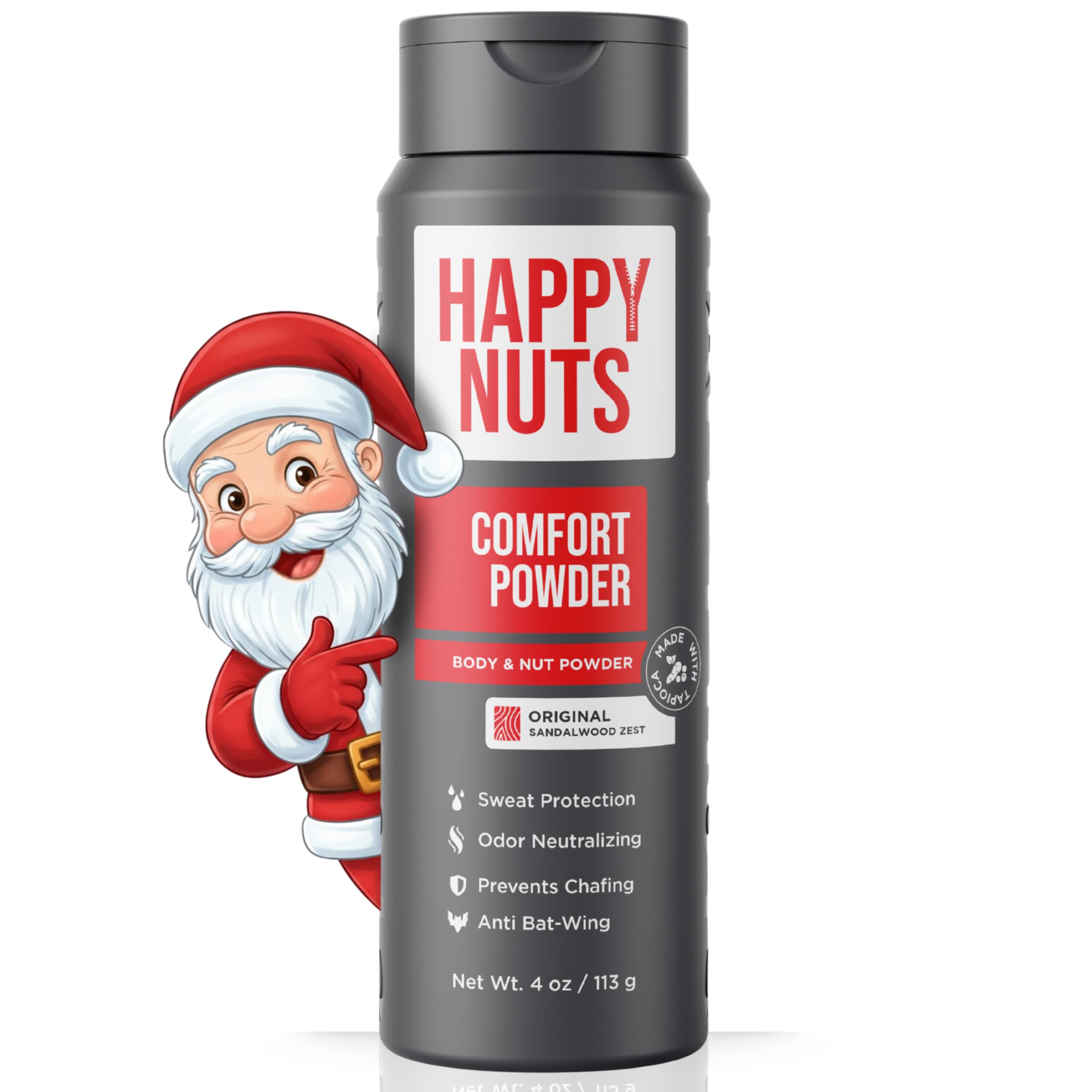 HAPPY NUTS Comfort Powder bottle offers talc-free, long-lasting protection for active wear.
