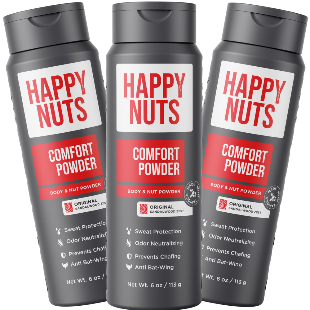 HAPPY NUTS Comfort Powder Deodorant Original Scent packaging signals portable protection.