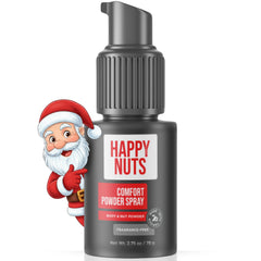 Happy Nuts Comfort Powder Spray bottle demonstrates fragrance-free, all-day protection from chafing.