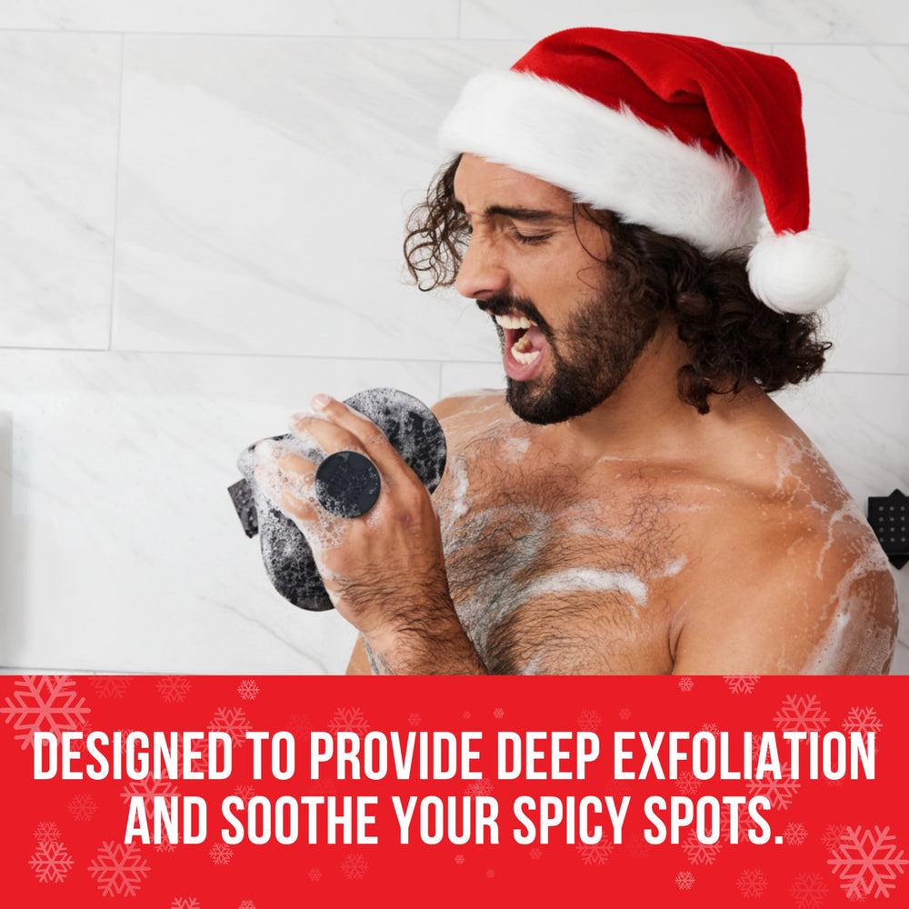 Ergonomic handle of the HAPPY NUTS silicone body scrubber for comfortable grip.