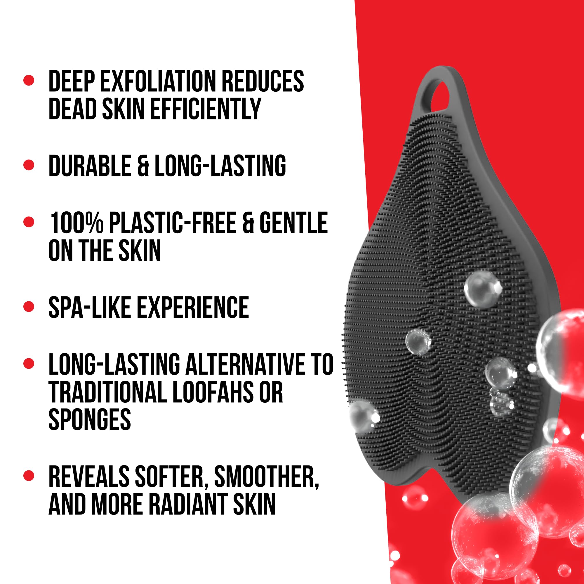 Exfoliation effect of the HAPPY NUTS silicone body scrubber on skin surface.