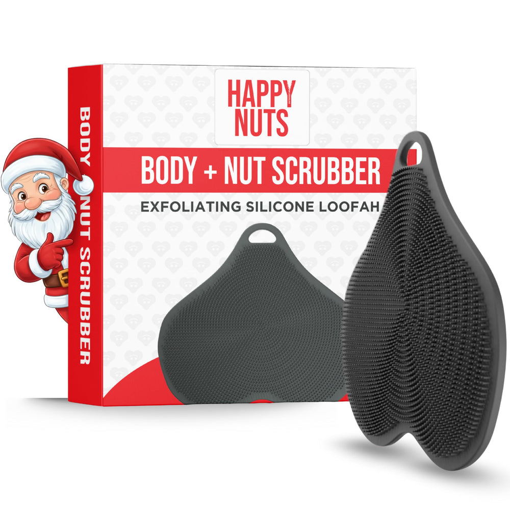 HAPPY NUTS silicone body scrubber front view demonstrates its sleek design.