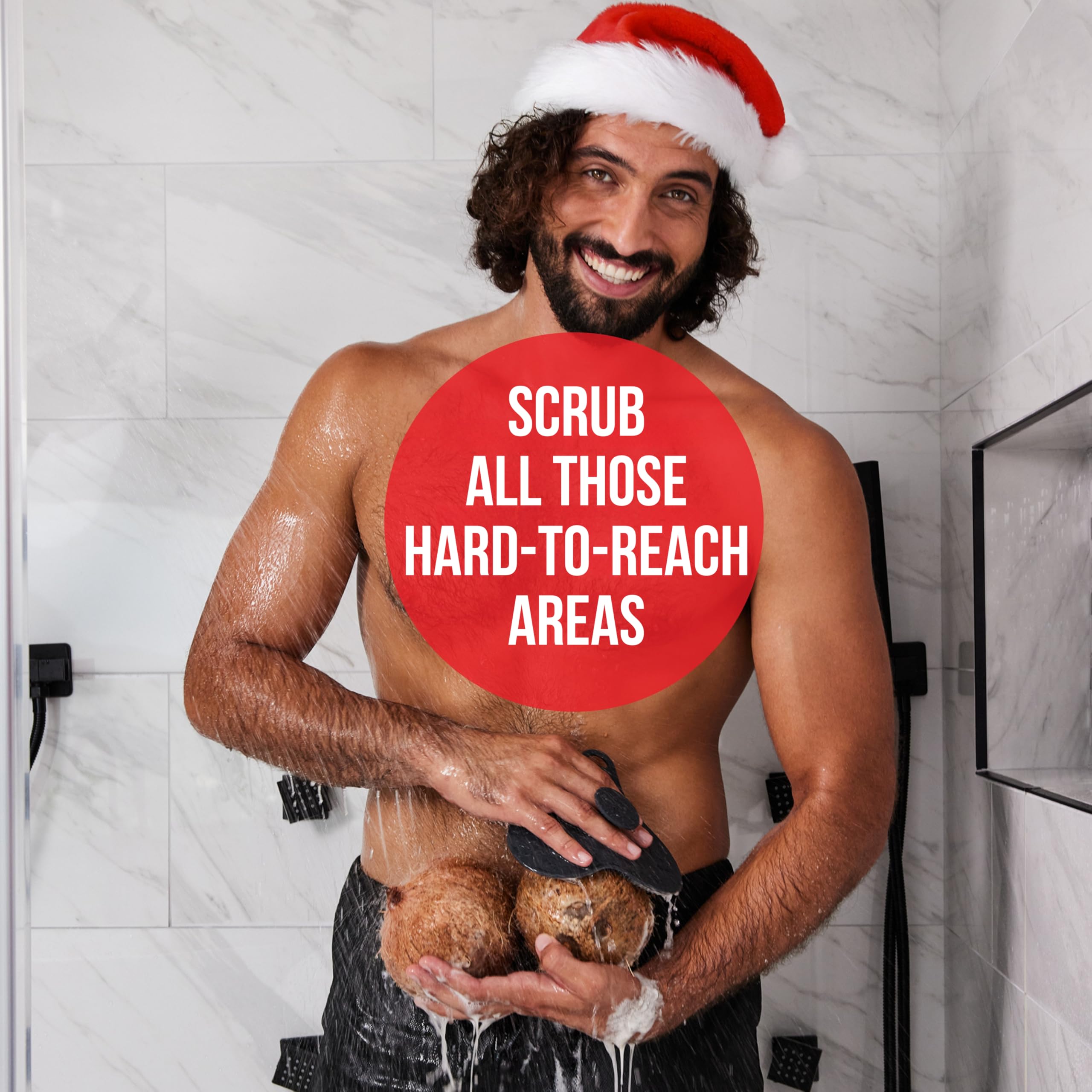 User showcasing the HAPPY NUTS silicone body scrubber in use during a shower.