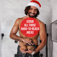User showcasing the HAPPY NUTS silicone body scrubber in use during a shower.