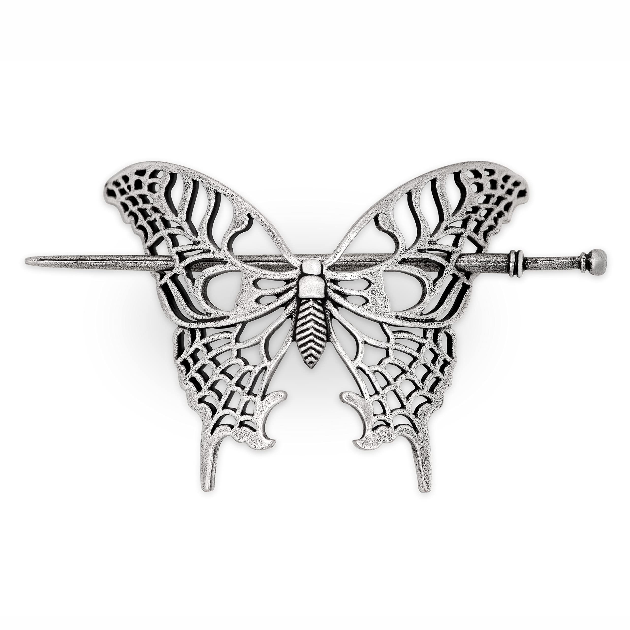 HAQUIL vintage hollow butterfly hairpin closeup showing antique silver finish