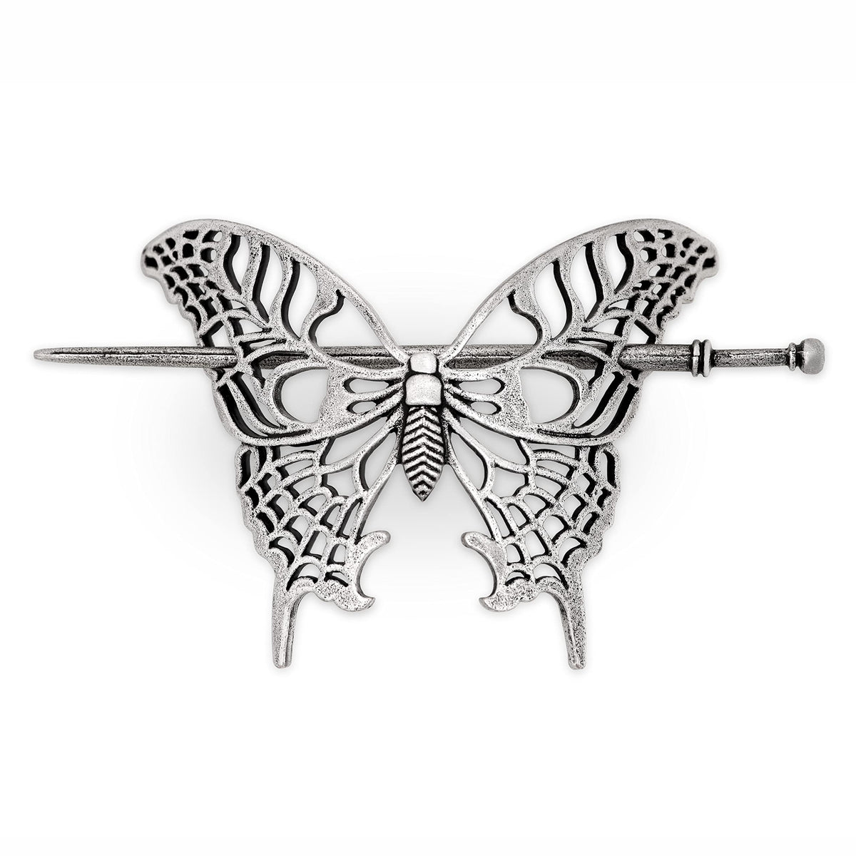 HAQUIL vintage hollow butterfly hairpin closeup showing antique silver finish