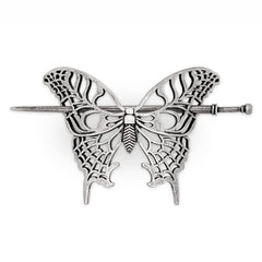 HAQUIL vintage hollow butterfly hairpin closeup showing antique silver finish