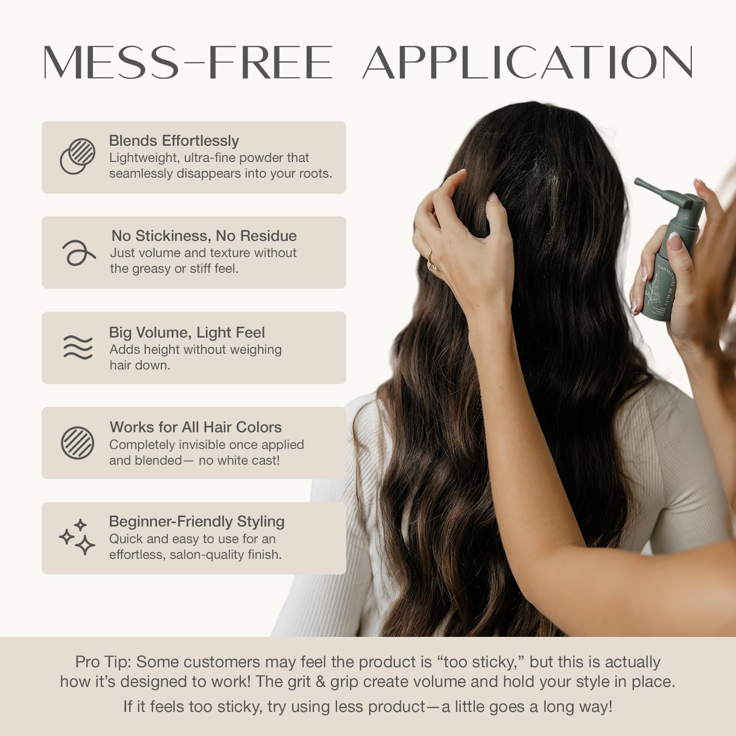 Harmonize Beauty Root Texture Powder application demonstrates lift at roots for natural volume.