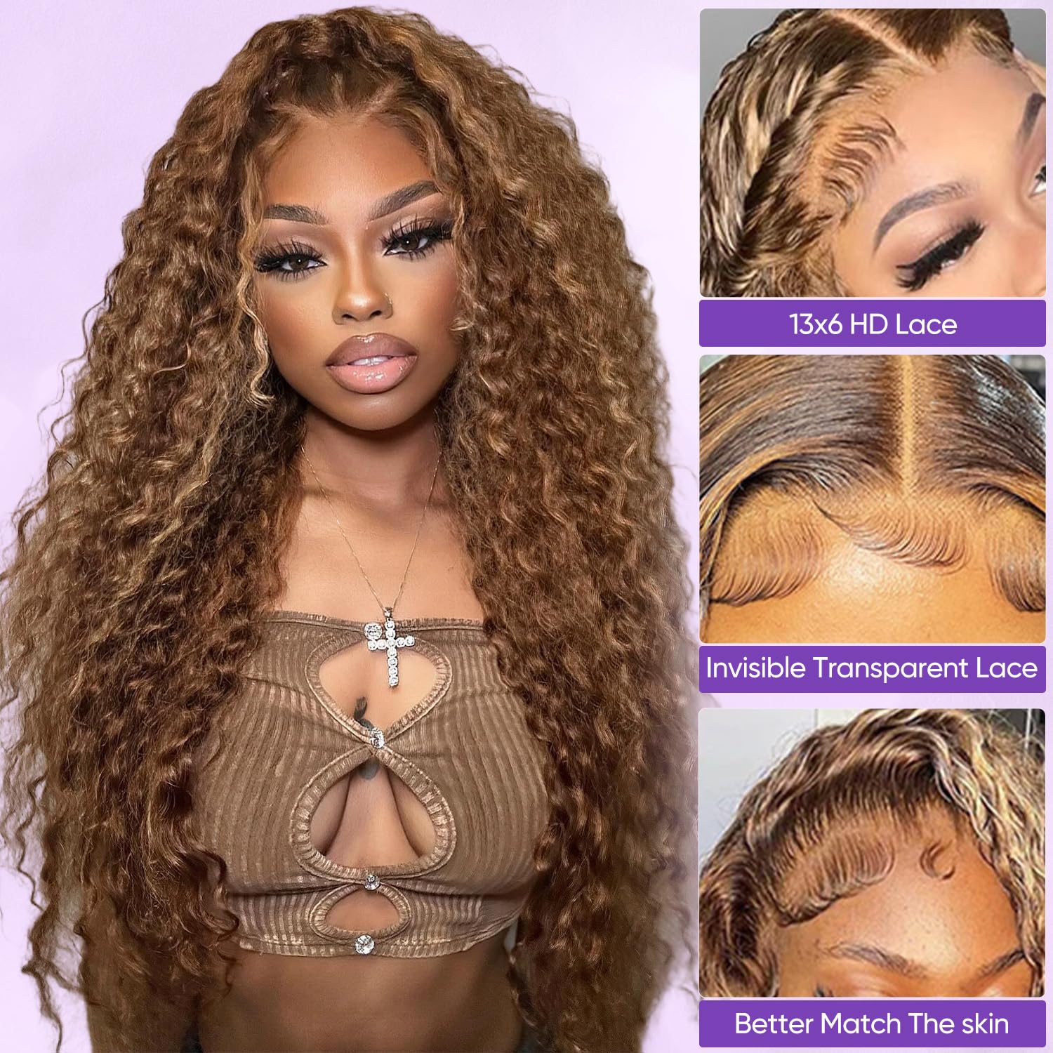 Harmsh honey blonde deep wave lace front wig side profile for dramatic voluminous look