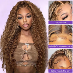Harmsh honey blonde deep wave lace front wig side profile for dramatic voluminous look