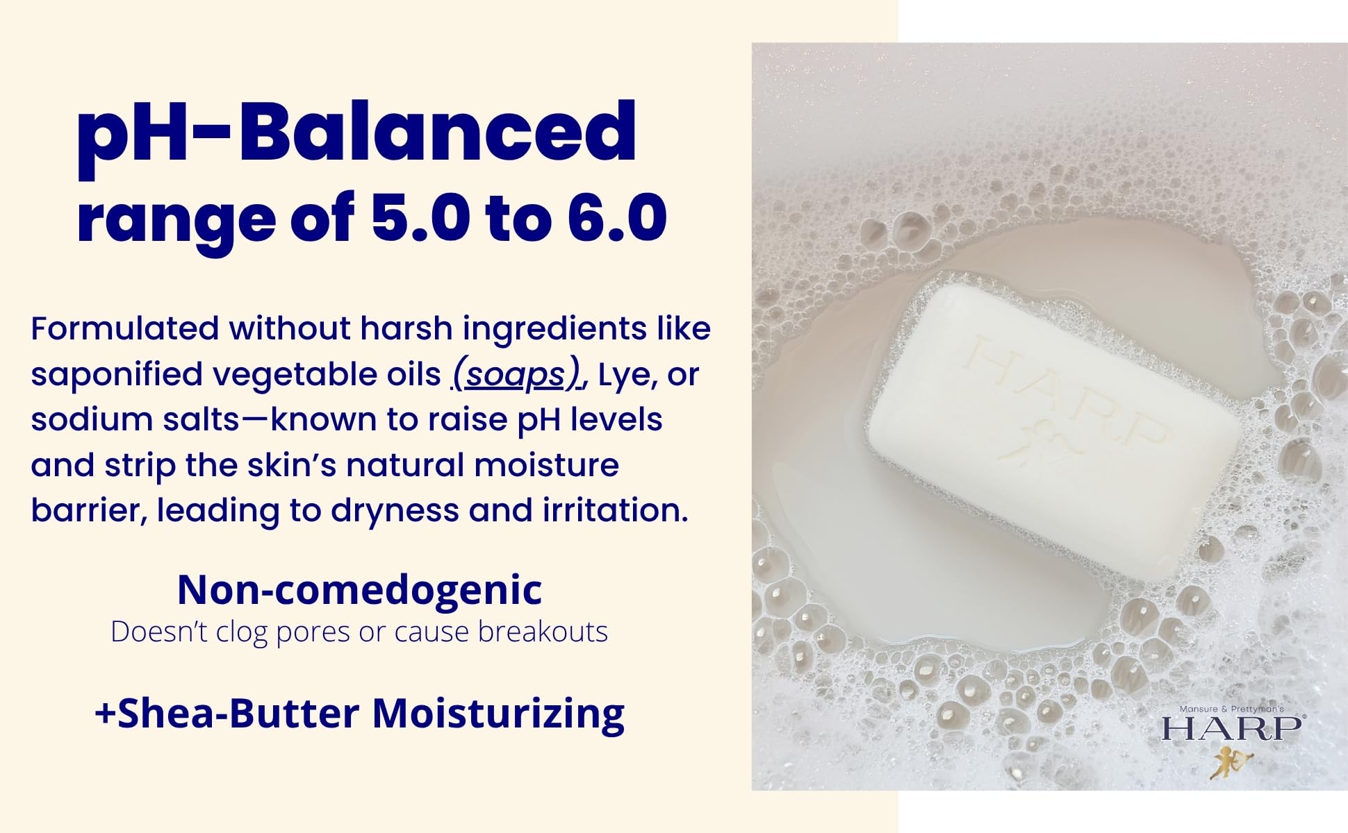 HARP Shea Butter bar closeup highlights rich moisture for dry skin.