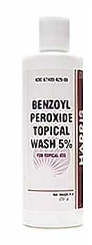 Harris Pharma 5% Benzoyl Perox Wash 8oz bottle reduces acne-causing bacteria on acne-prone skin.