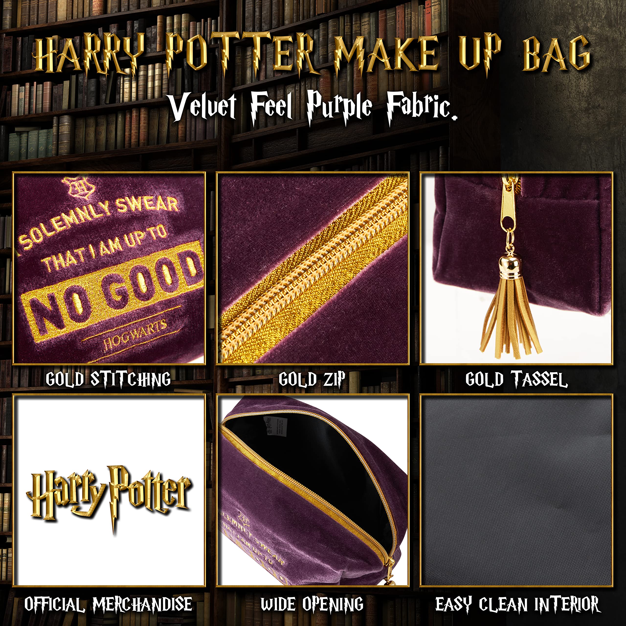 Harry Potter velvet makeup bag gold tassel detail adds elegant, easy-to-find zipper pull